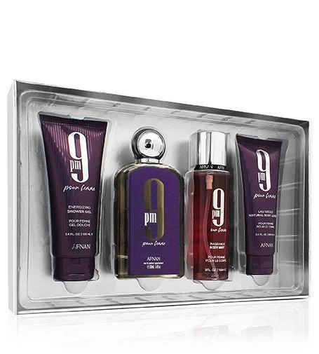 9pm Pour Femme conjunto de oferta 100 ml + gel de duche 100 ml + loção corporal 100 ml + spray corporal água de perfume para mulher
