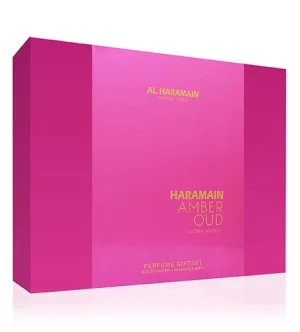 Al Haramain Amber Oud Ultra Violet conjunto de presente para mulheres água de perfume 75 ml + água de perfume 30 ml + bruma corporal