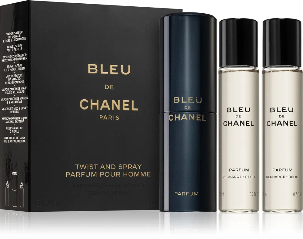 Bleu de Chanel spray de bolso recarregável 20 ml + 2 x recarga de perfume masculino