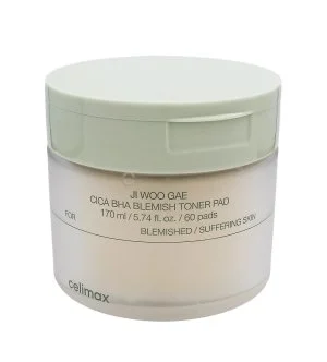 Celimax Ji Woo Gae Cica BHA Blemish Toner Pad discos esfoliantes calmantes com BHA, LHA e PHA 60 unid.