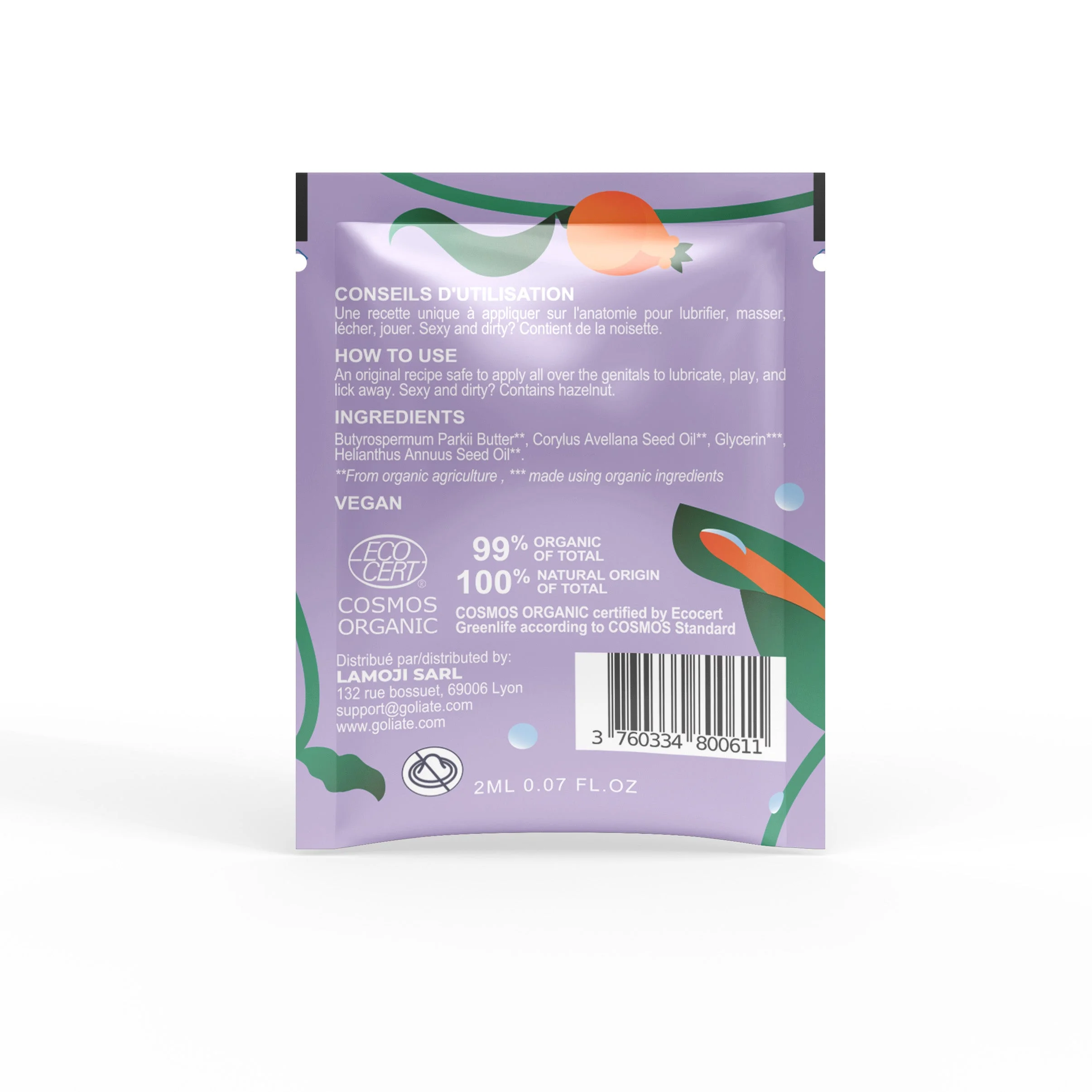 Goliate Óleo de massagem e lubrificante comestível 2 em 1 BIO - avelã 2 ml - amostra - para ela e para ele
