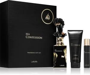 Lattafa His Confession 100 ml + EDP MINI 12 ml + gel de duche, eau de parfum para homem