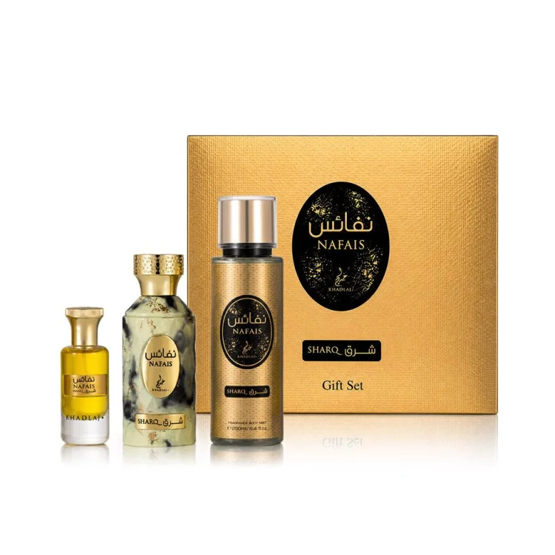 Nafais Sharq eau de parfum unissex 100 ml + óleo perfumado 24 ml + spray corporal 250 ml