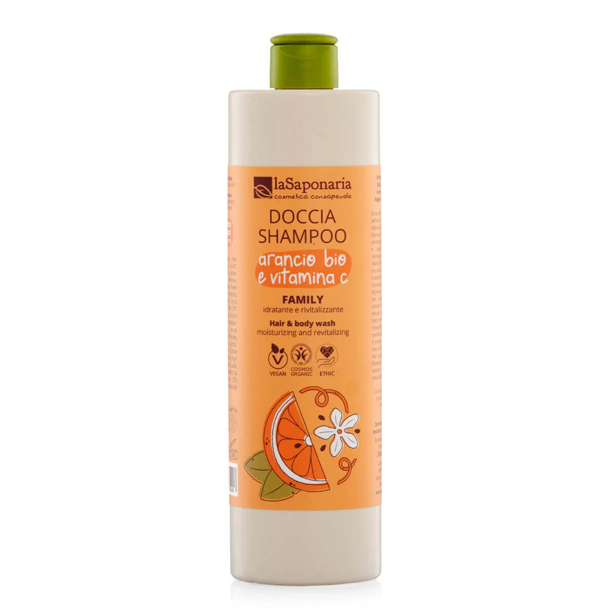 laSaponaria Gel de duche e champô 2 em 1 com laranja BIO e vit. C para toda a família 500 ml - com fragrância doce e revigorante