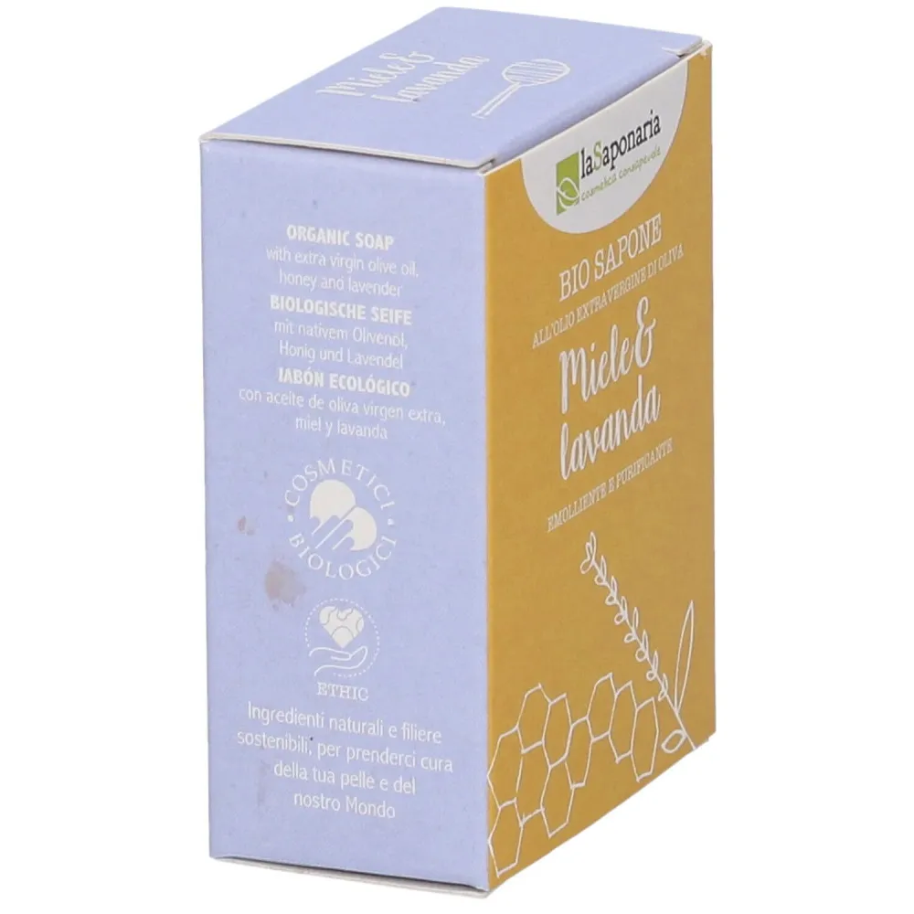 laSaponaria Sabonete sólido de azeite BIO - Mel e lavanda (100 g) - adequado para o corpo e o rosto
