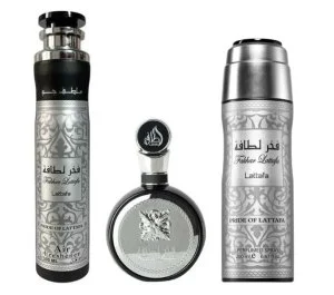 Lattafa Conjunto de presente Fakhar Man - 100 ml + Spray Perfumado 200 ml + Ambientador de Ambiente água de perfume