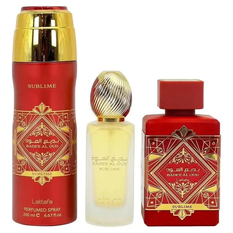 Badee Al Oud Sublime conjunto de presente - 100 ml + Spray Perfumado 200 ml + Bruma Capilar água perfumada 50 ml