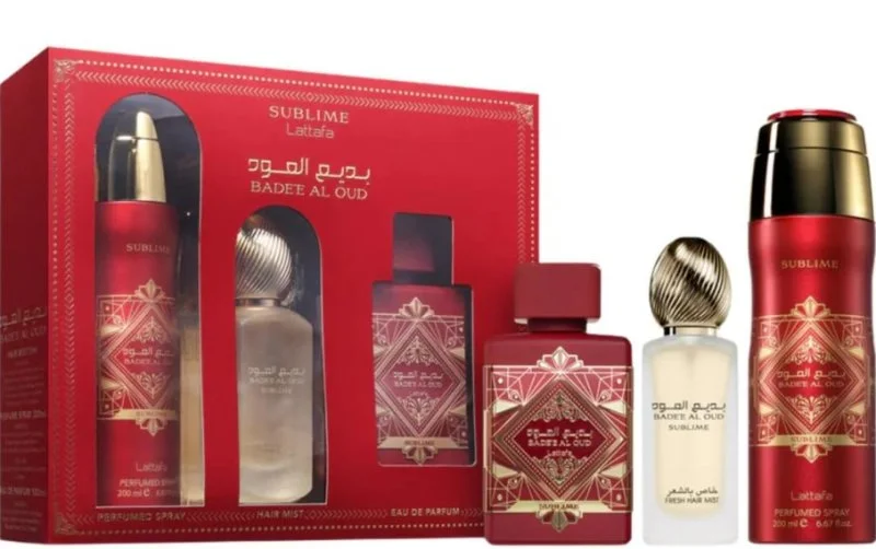 Badee Al Oud Sublime conjunto de presente - 100 ml + Spray Perfumado 200 ml + Bruma Capilar água perfumada 50 ml
