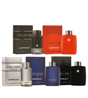 Montblanc Miniature Collection conjunto de presente para homens eau de toilette Legend 4,5 ml + eau de parfum Legend Blue 4,5 ml + eau de parfum Legend Red 4,5 ml + eau de parfum Explorer 4,5 ml + eau de parfum Explorer Platinum 4,5 ml