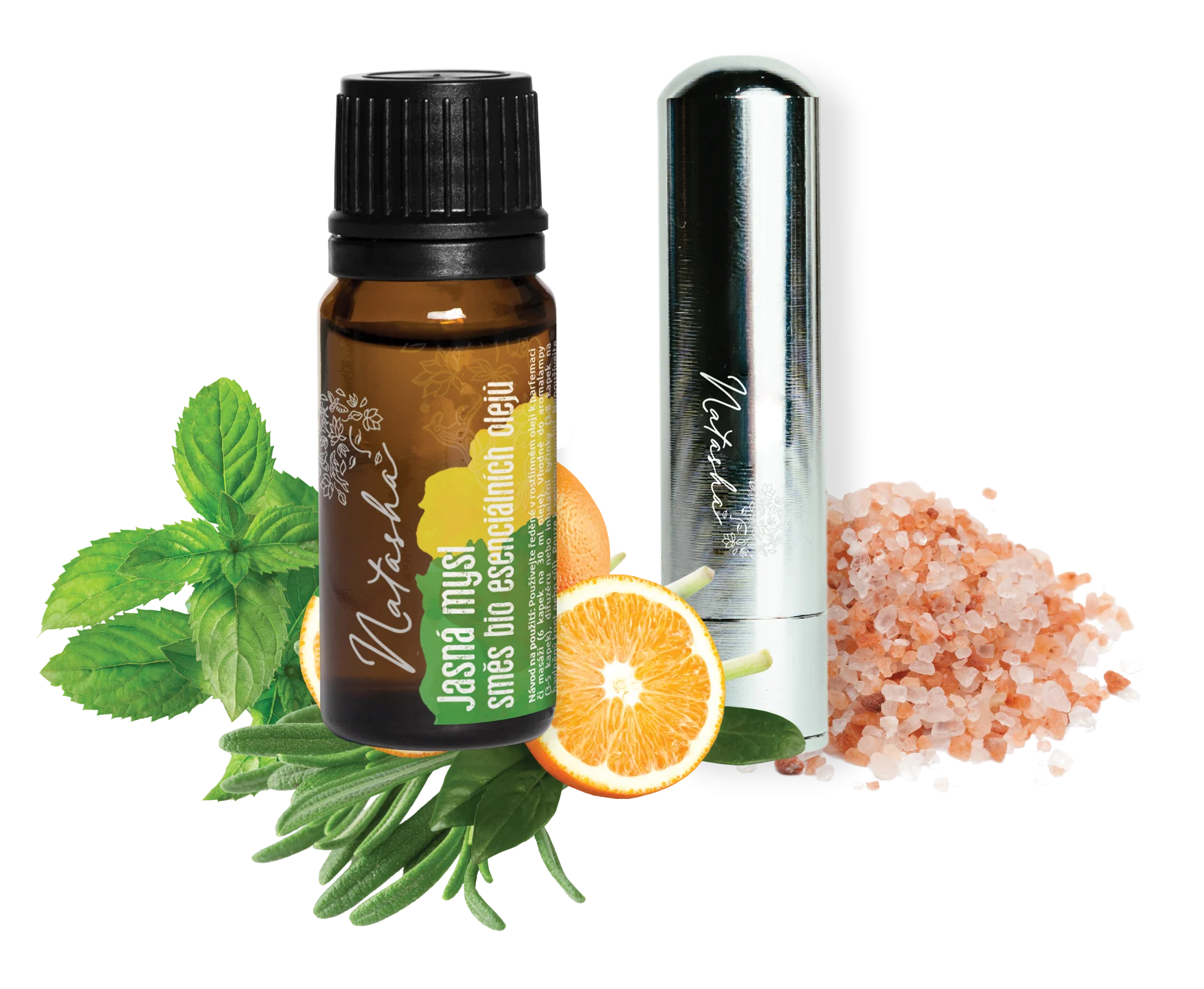 Natasha Conjunto aromático com inalador - Mente clara - laranja fresca, hortelã-pimenta e alecrim