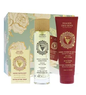 Panier Des Sens Renewing Grape conjunto de presente sabonete esfoliante 150 g + óleo corporal seco 100 ml + creme corporal firmador