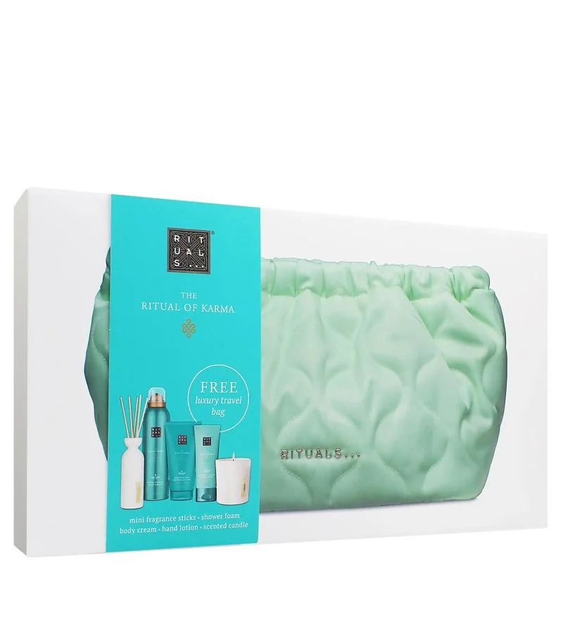 The Ritual of Karma conjunto de oferta gel de duche 200 ml + creme corporal 150 ml + vela perfumada 140 g + difusor de varetas 70 ml + creme de mãos