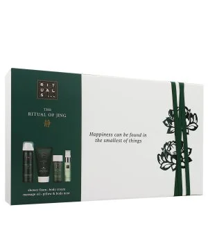Rituals The Ritual of Jing conjunto de oferta gel de banho 50 ml + creme corporal 70 ml + óleo de massagem 50 ml + bruma para corpo e almofada