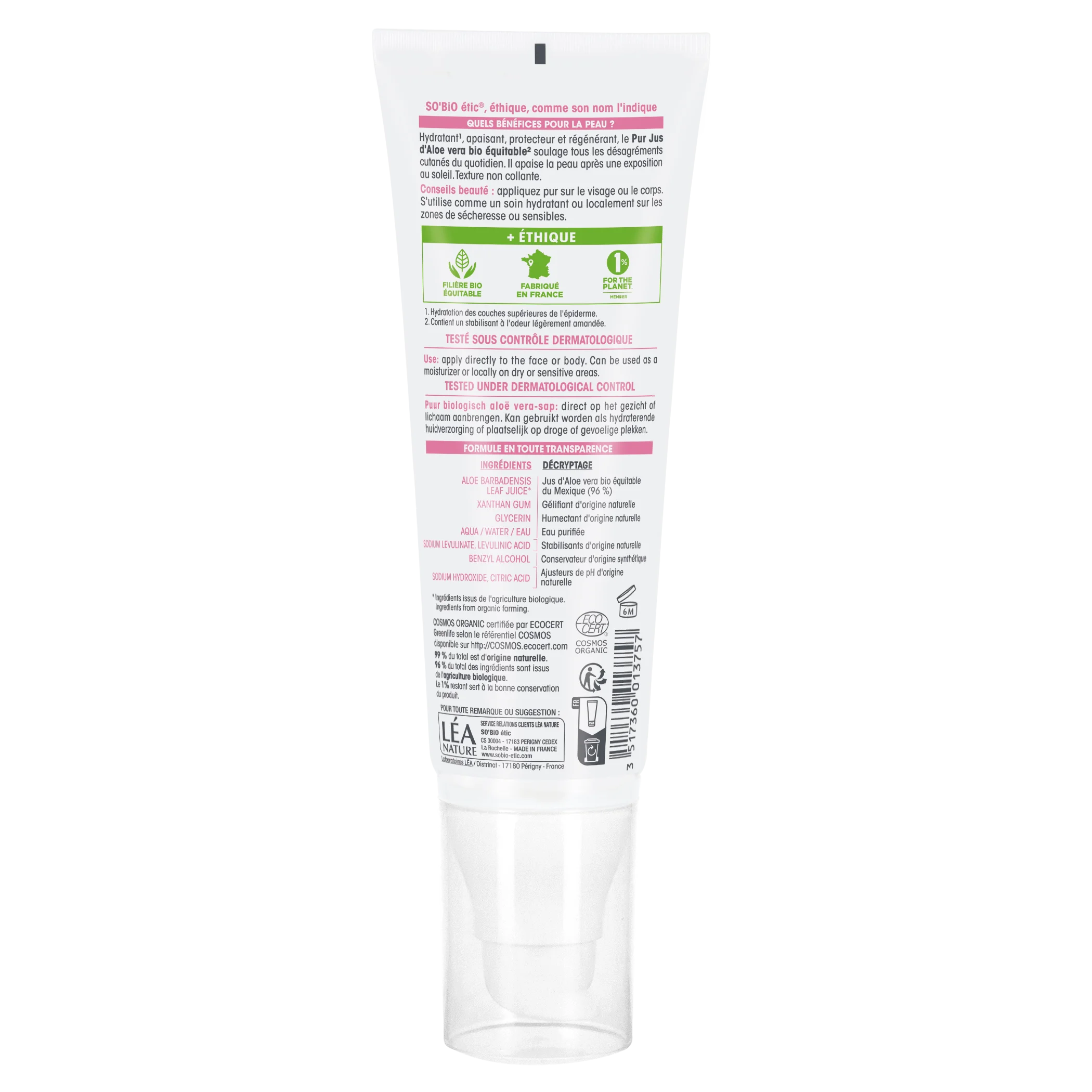 SO’BiO étic Gel de aloe vera - hipoalergénico BIO (125 ml) - hidratação intensiva e efeito calmante para a pele