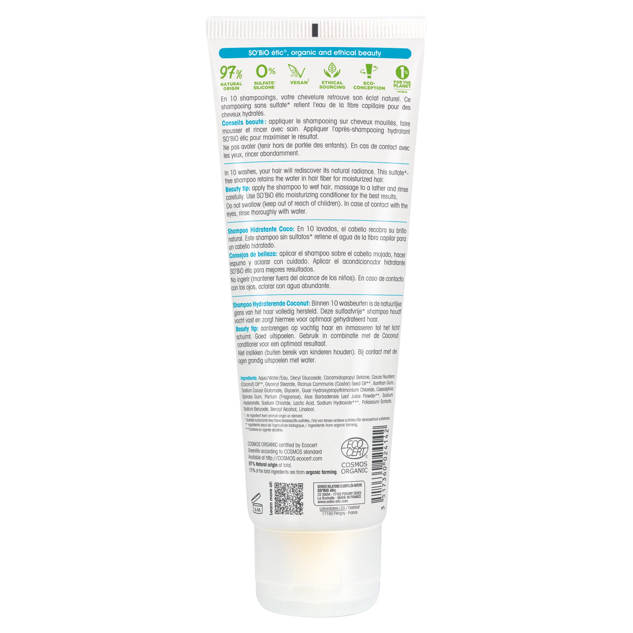 SO’BiO étic Champô hidratante BIO com coco e ácido hialurónico (250 ml) - para todos os tipos de cabelo