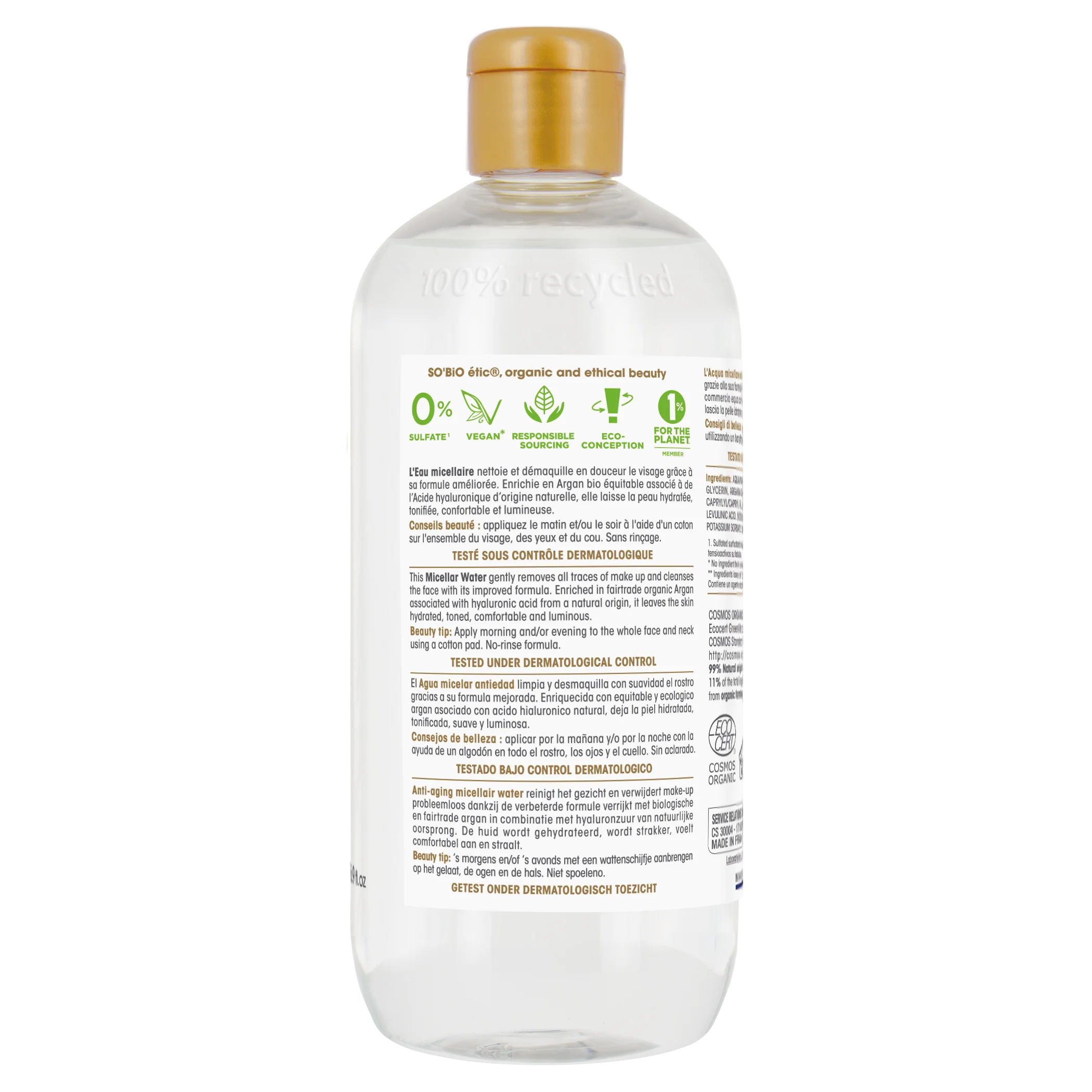 SO’BiO étic Anti-Age Precieux Argan Água micelar anti-idade com ácido hialurónico BIO (500 ml) - com ácido hialurónico