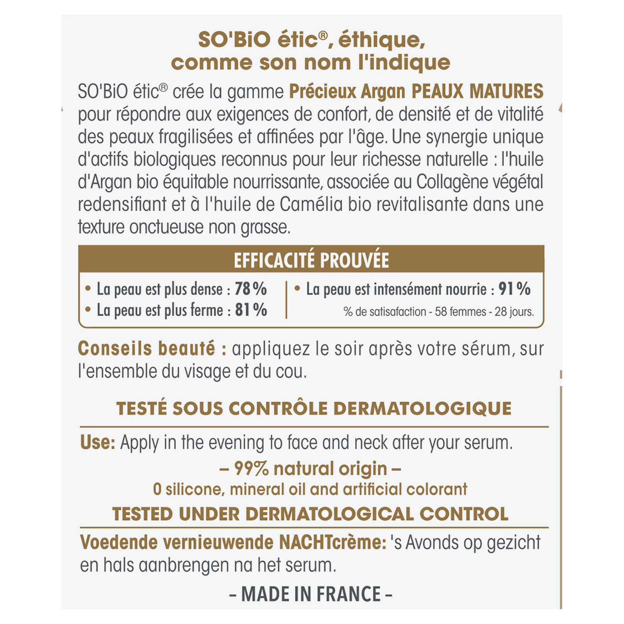 SO’BiO étic Anti-age Precieux Creme noturno nutritivo e firmador GOLD BIO (50 ml) - ideal para pele madura