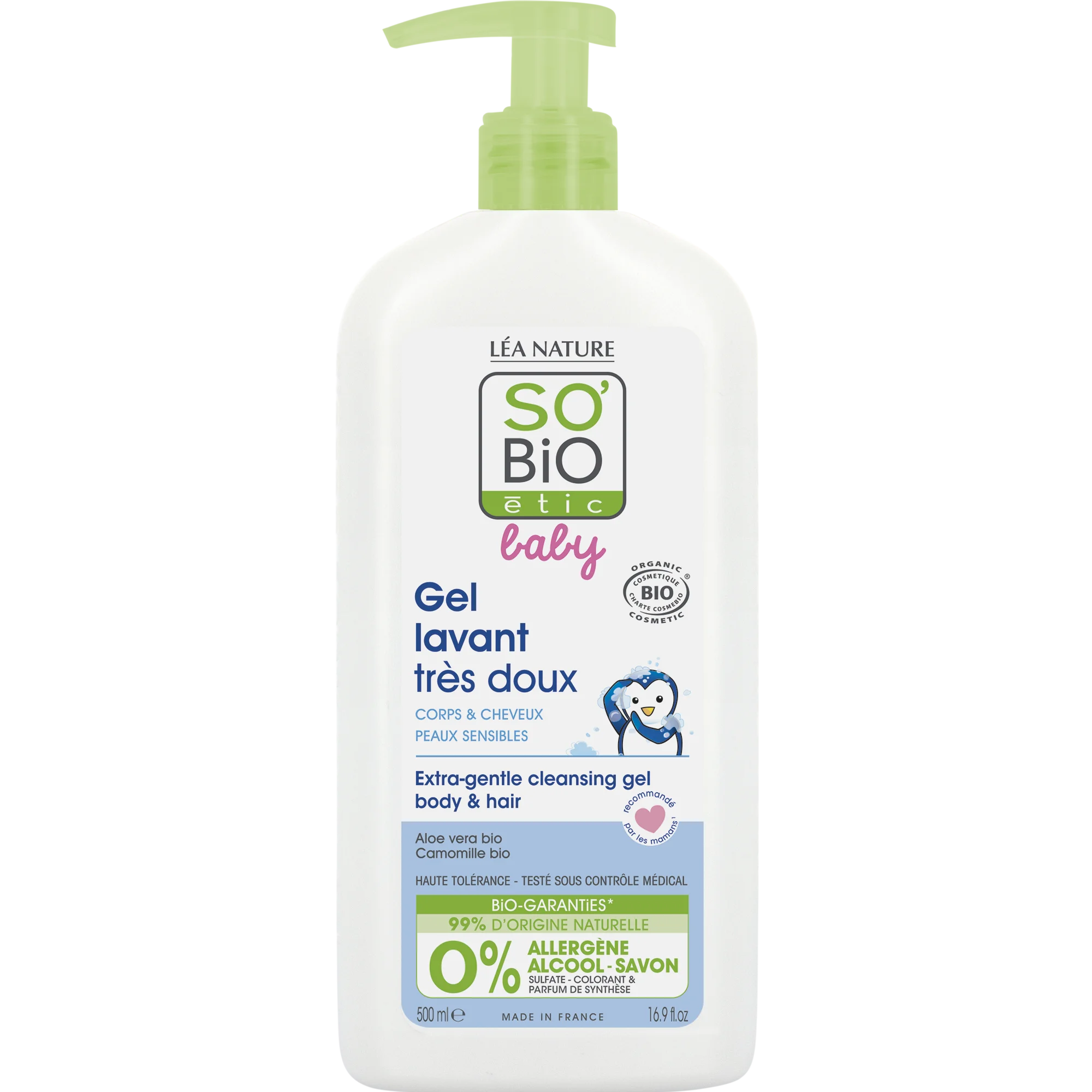 SO’BiO étic BABY Gel de lavagem para crianças - extra suave para corpo e cabelo BIO (500 ml) - não arde nos olhos