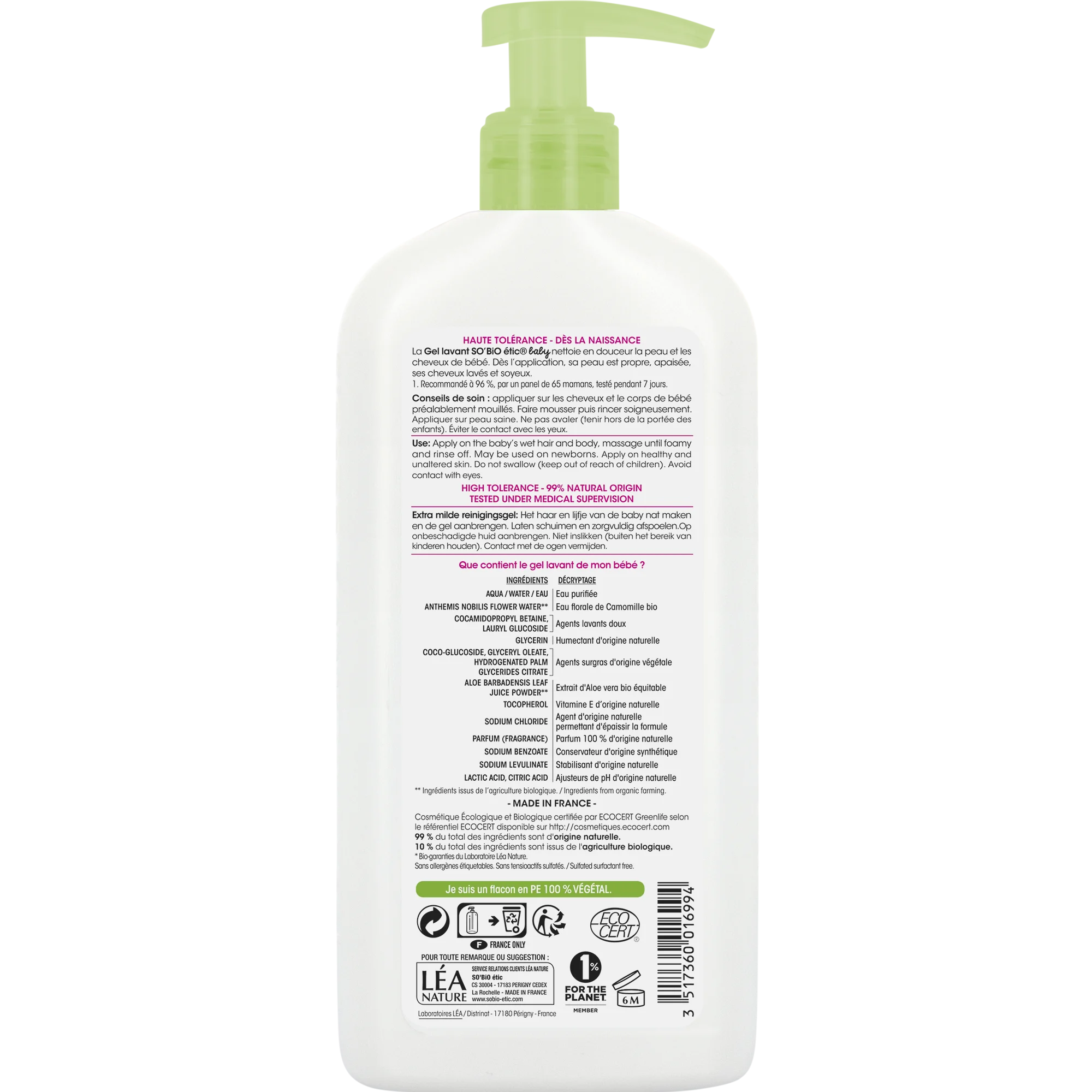 SO’BiO étic BABY Gel de lavagem para crianças - extra suave para corpo e cabelo BIO (500 ml) - não arde nos olhos