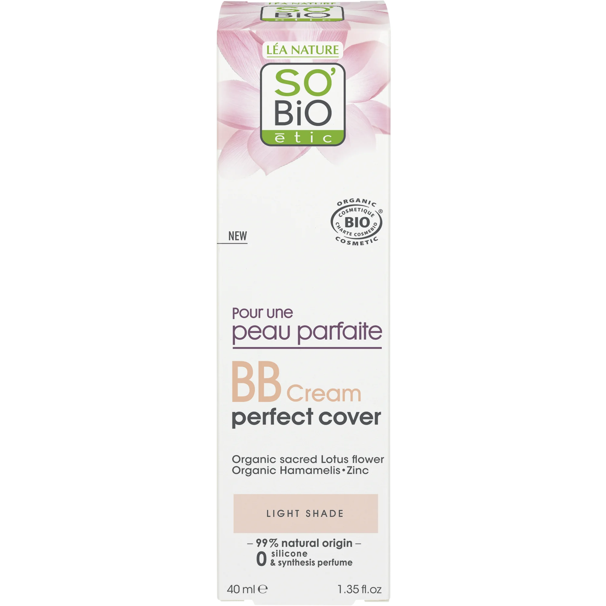 SO’BiO étic BB Cream para uma pele perfeita - tonalidade Light BIO (40 ml) - com extrato de flor de lótus