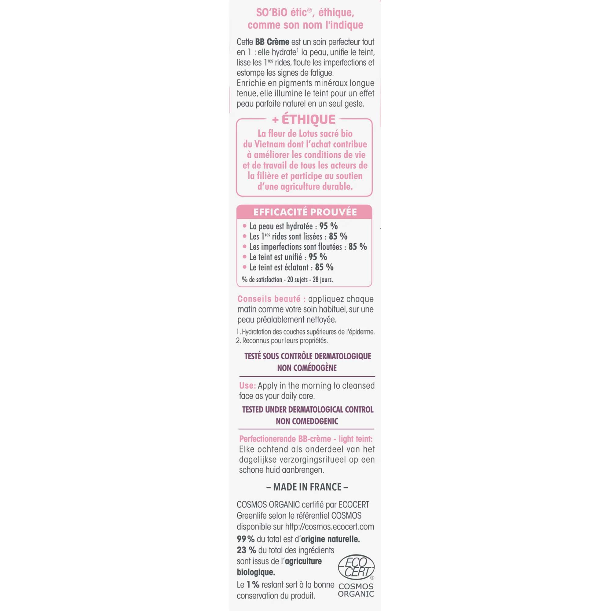 SO’BiO étic BB Cream para uma pele perfeita - tonalidade Light BIO (40 ml) - com extrato de flor de lótus