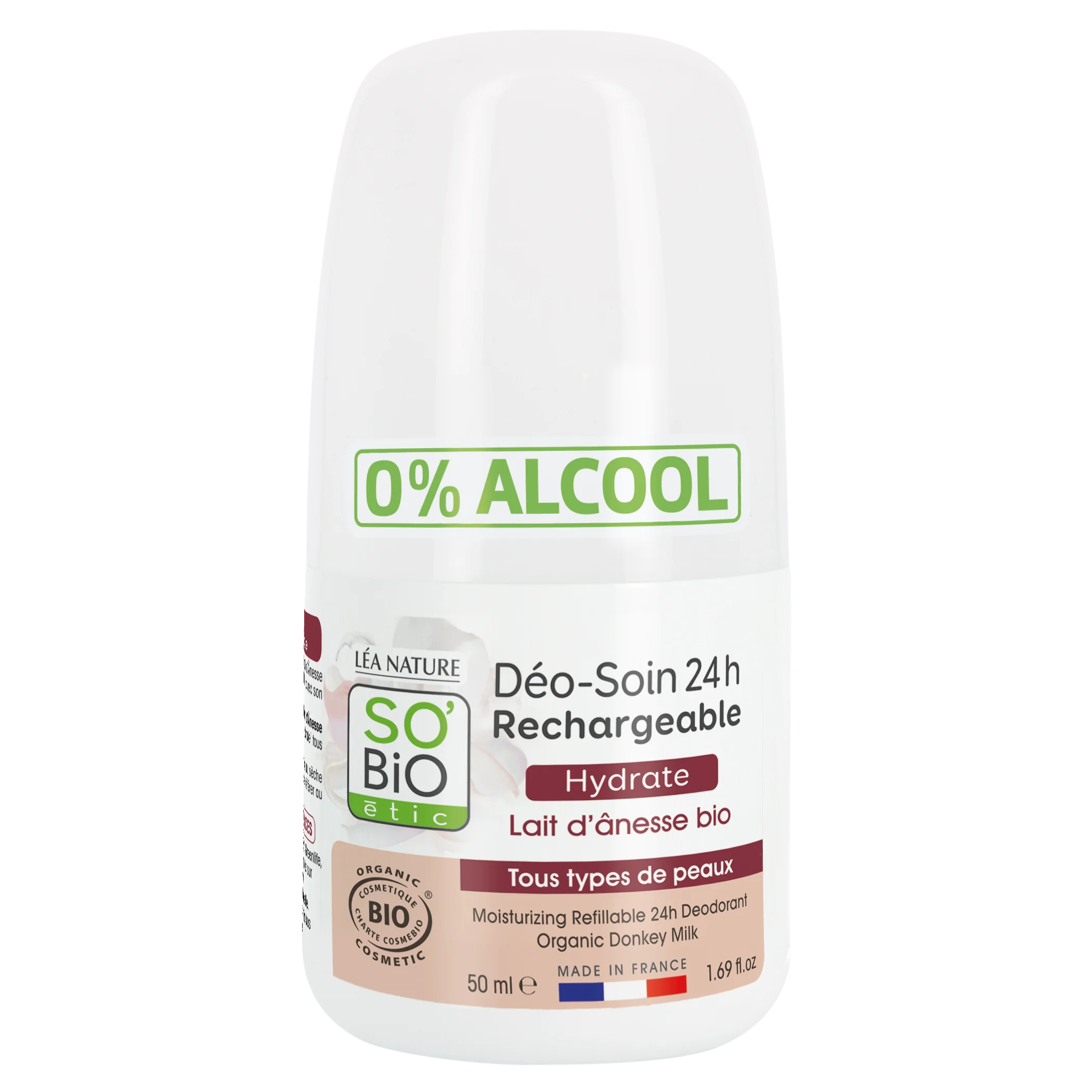 SO’BiO étic Desodorizante roll-on 24h hidratante com leite de burra - recarregável BIO (50 ml) - também para pele sensível