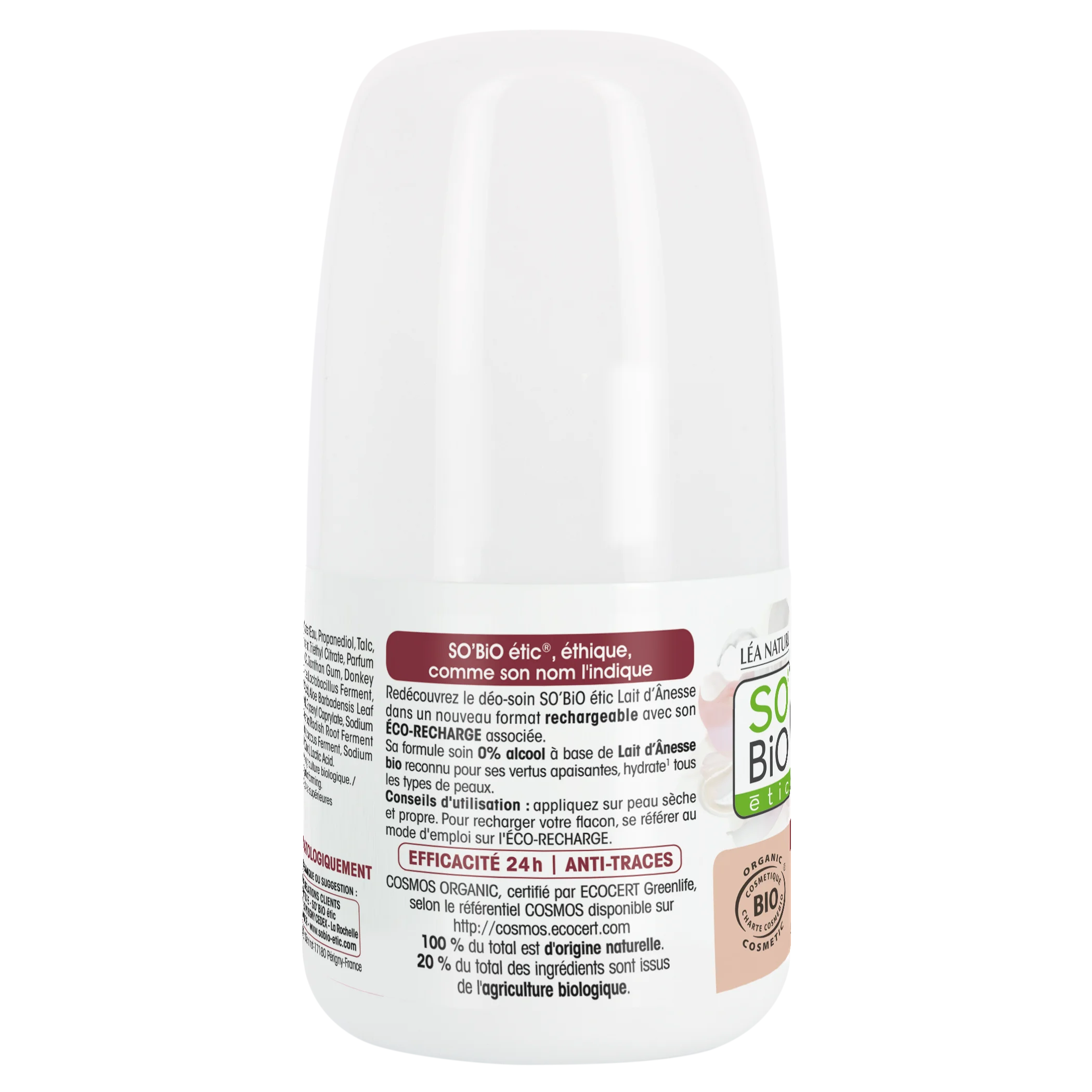 SO’BiO étic Desodorizante roll-on 24h hidratante com leite de burra - recarregável BIO (50 ml) - também para pele sensível