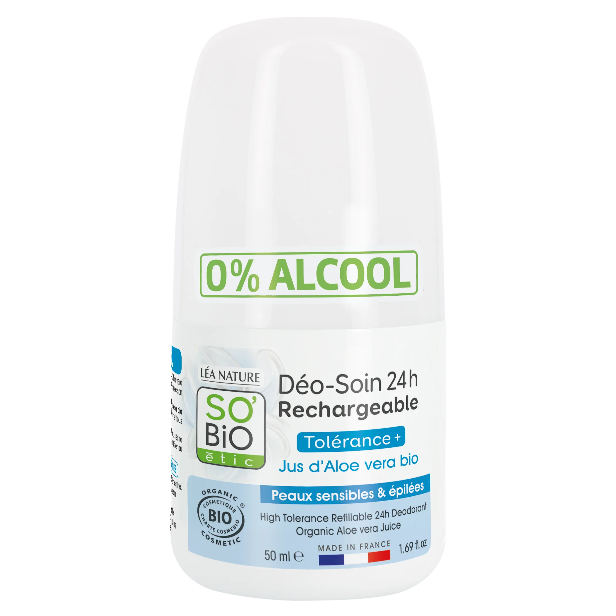 SO’BiO étic Desodorizante roll-on 24h - Tolerance+ com Aloe vera BIO (50 ml) - eficaz até 24 horas