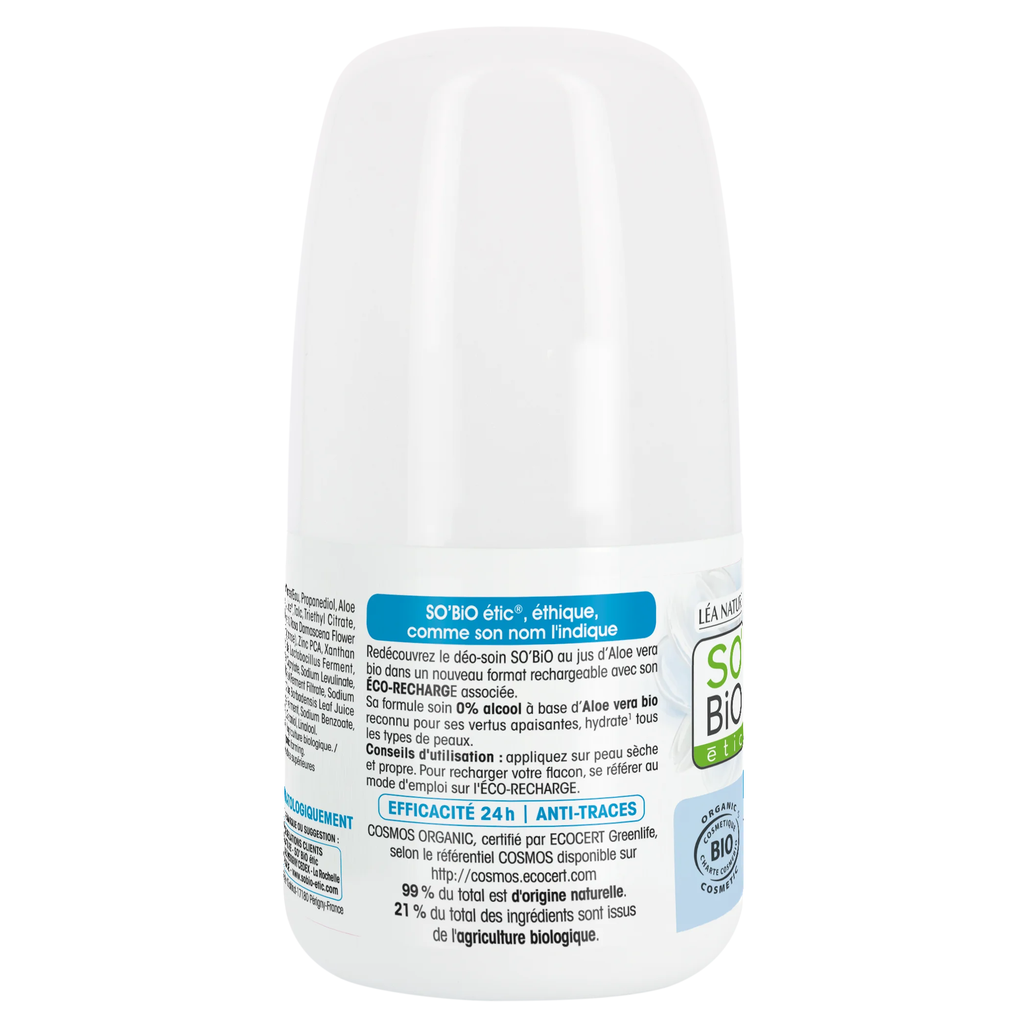 SO’BiO étic Desodorizante roll-on 24h - Tolerance+ com Aloe vera BIO (50 ml) - eficaz até 24 horas