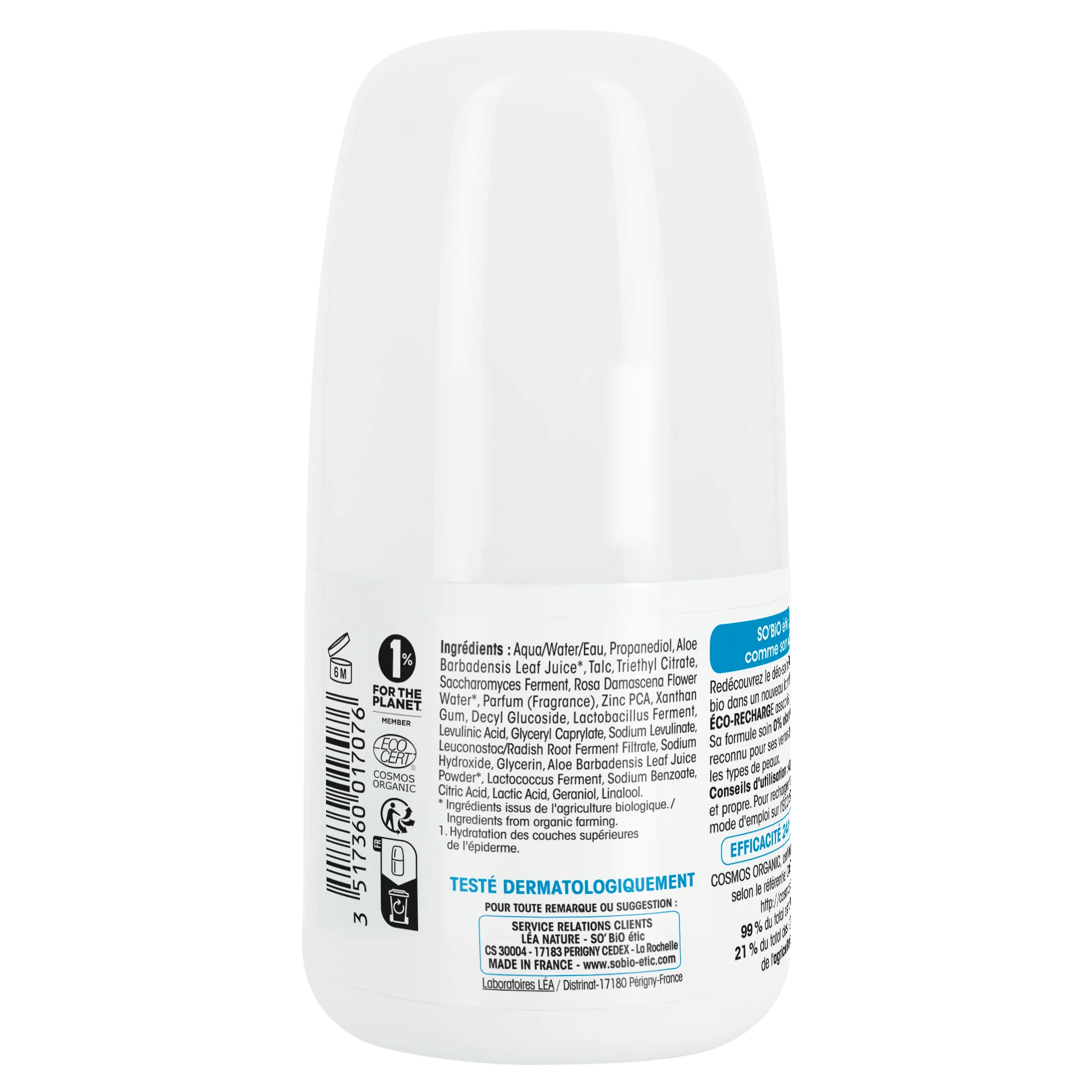 SO’BiO étic Desodorizante roll-on 24h - Tolerance+ com Aloe vera BIO (50 ml) - eficaz até 24 horas