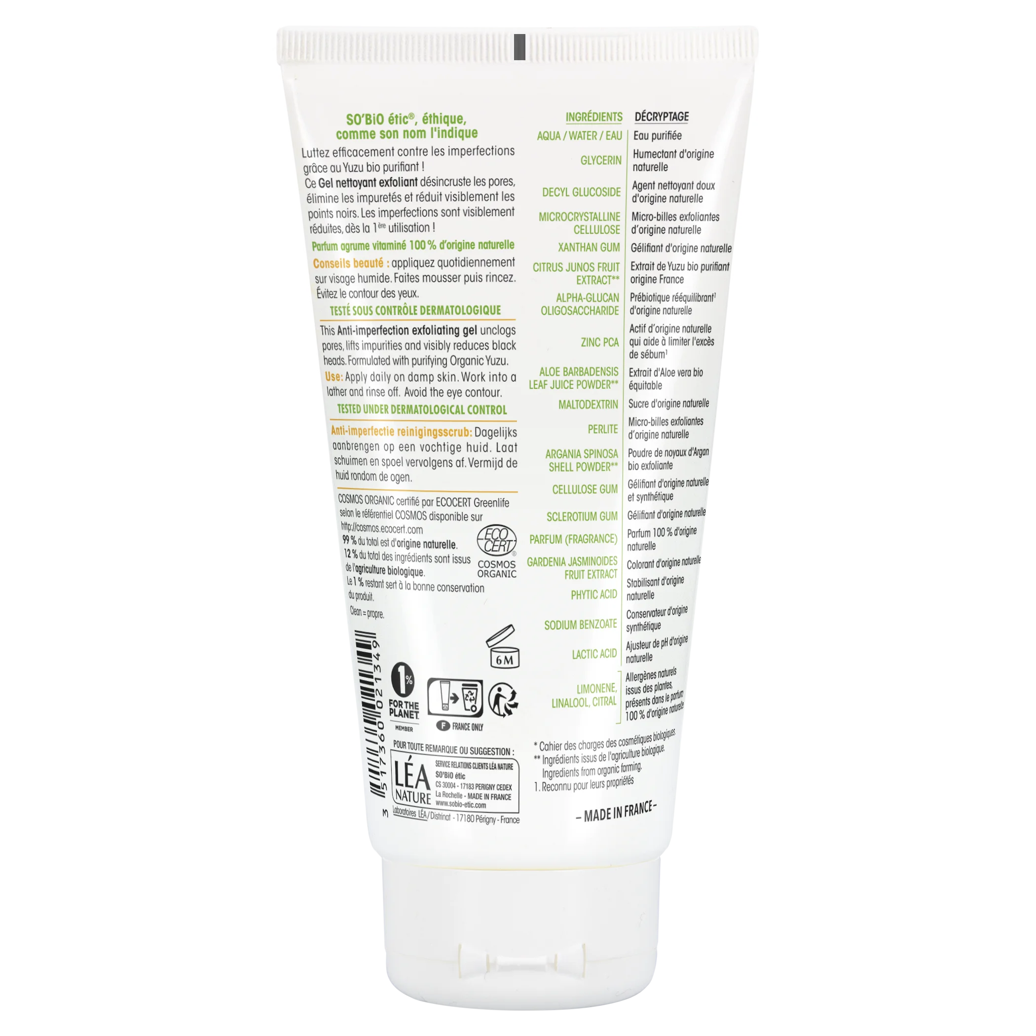 SO’BiO étic Gel esfoliante facial - Clean Yuzu BIO (150 ml) - ideal para pele oleosa