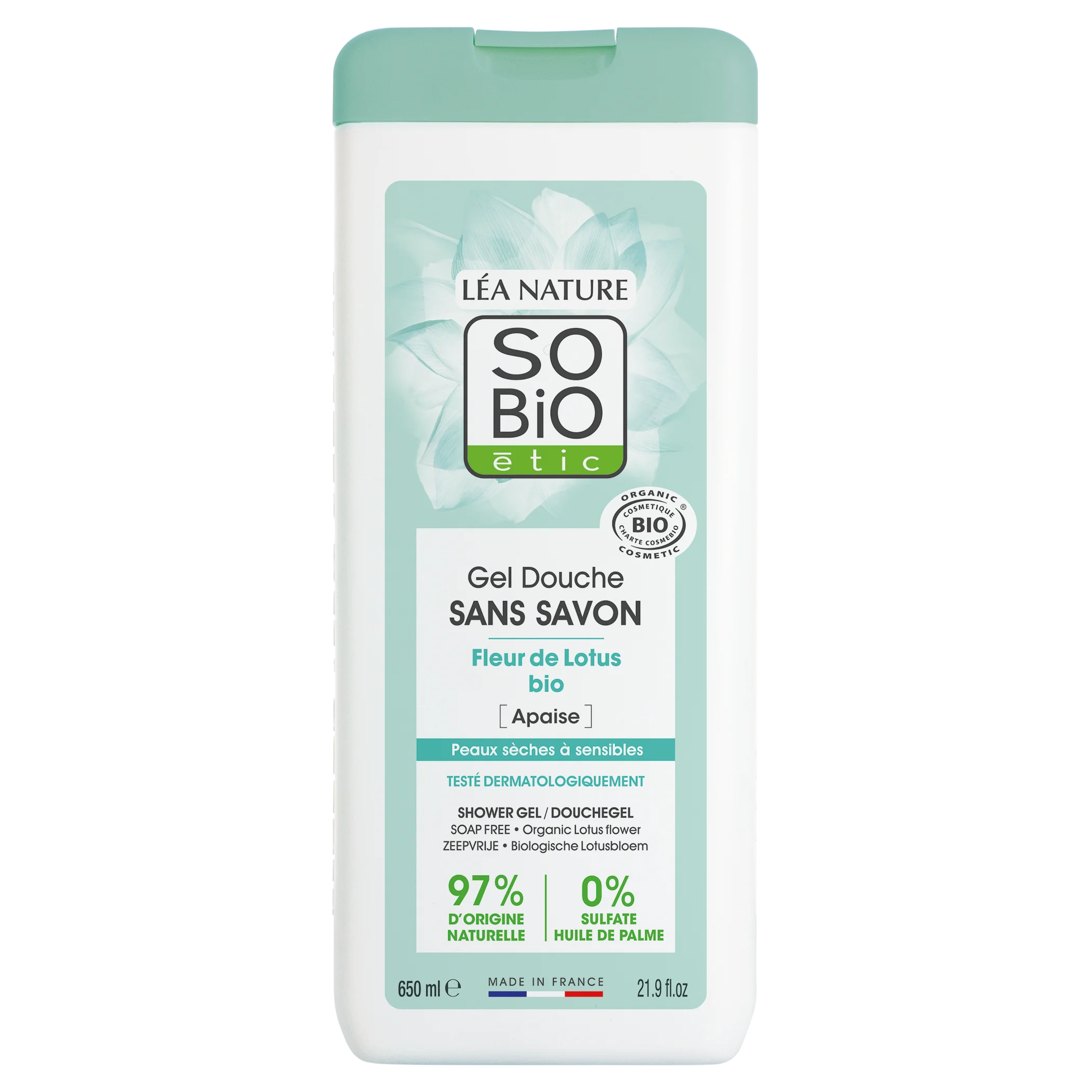 SO’BiO étic Gel de banho SEM SABÃO com flor de lótus BIO (650 ml) - ideal para pele seca e sensível
