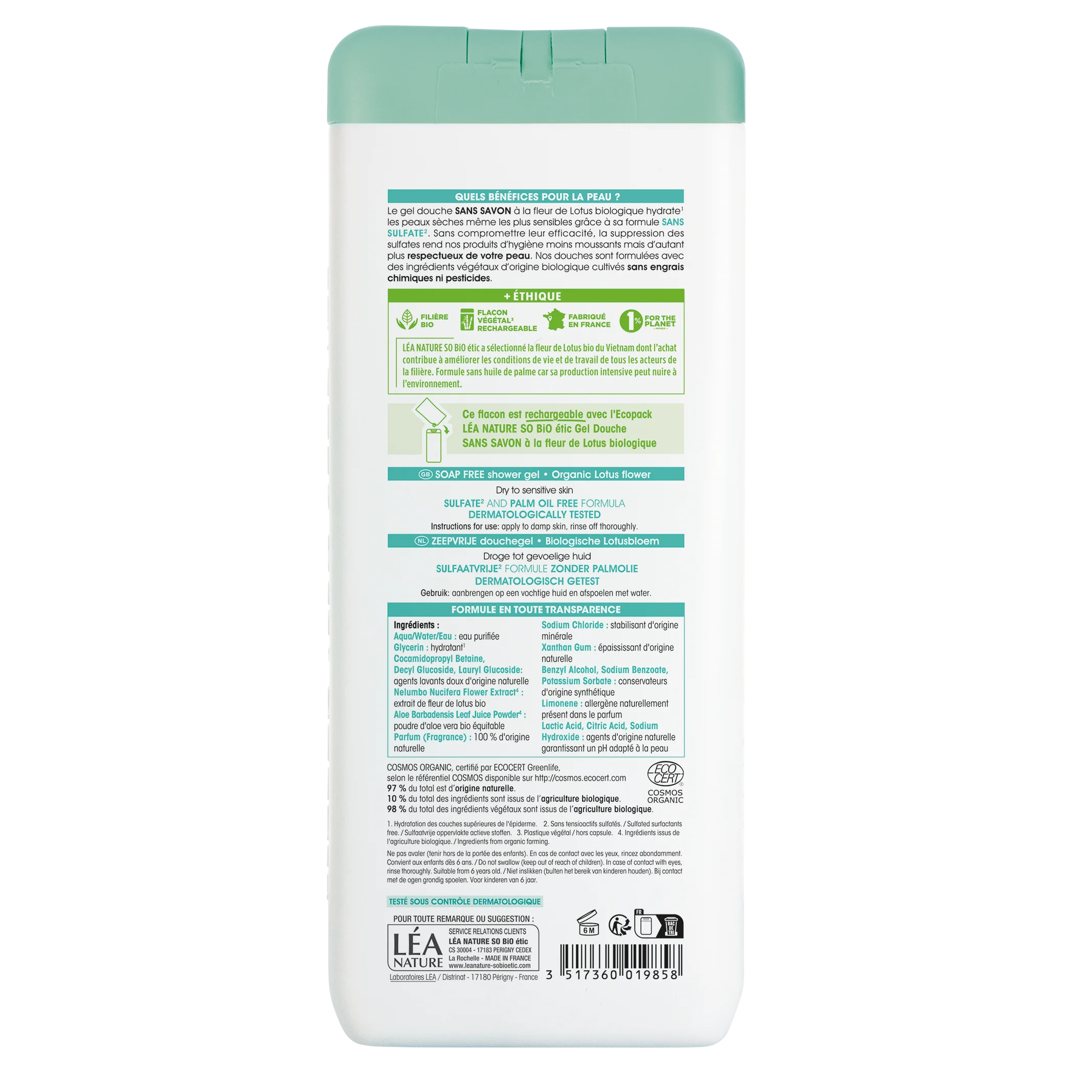 SO’BiO étic Gel de banho SEM SABÃO com flor de lótus BIO (650 ml) - ideal para pele seca e sensível