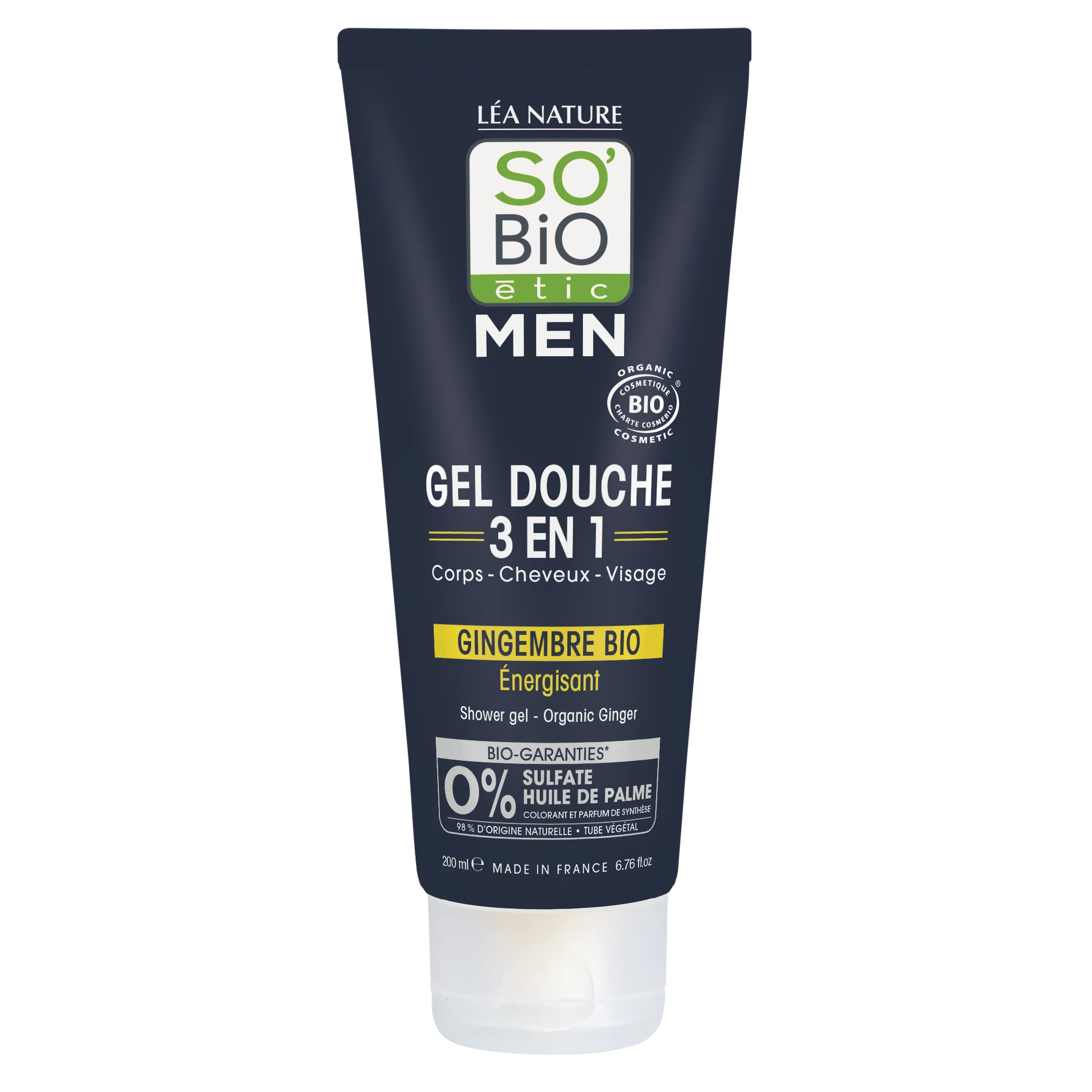 SO’BiO étic Gel de Duche MEN 3 em 1 - Gengibre BIO Energizante (200 ml) - para Corpo, Rosto e Cabelo