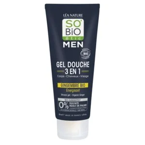 SO’BiO étic Gel de Duche MEN 3 em 1 - Gengibre BIO Energizante (200 ml) - para Corpo, Rosto e Cabelo