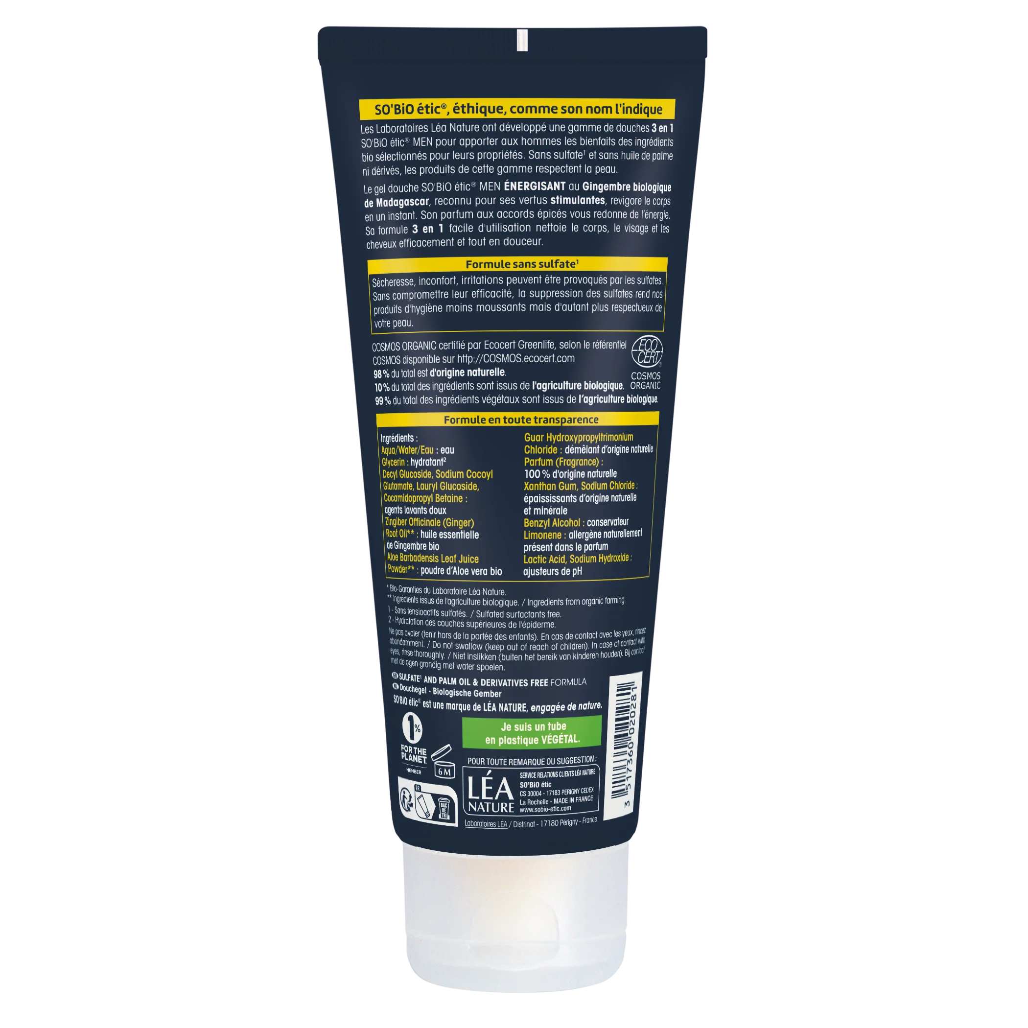 SO’BiO étic Gel de Duche MEN 3 em 1 - Gengibre BIO Energizante (200 ml) - para Corpo, Rosto e Cabelo