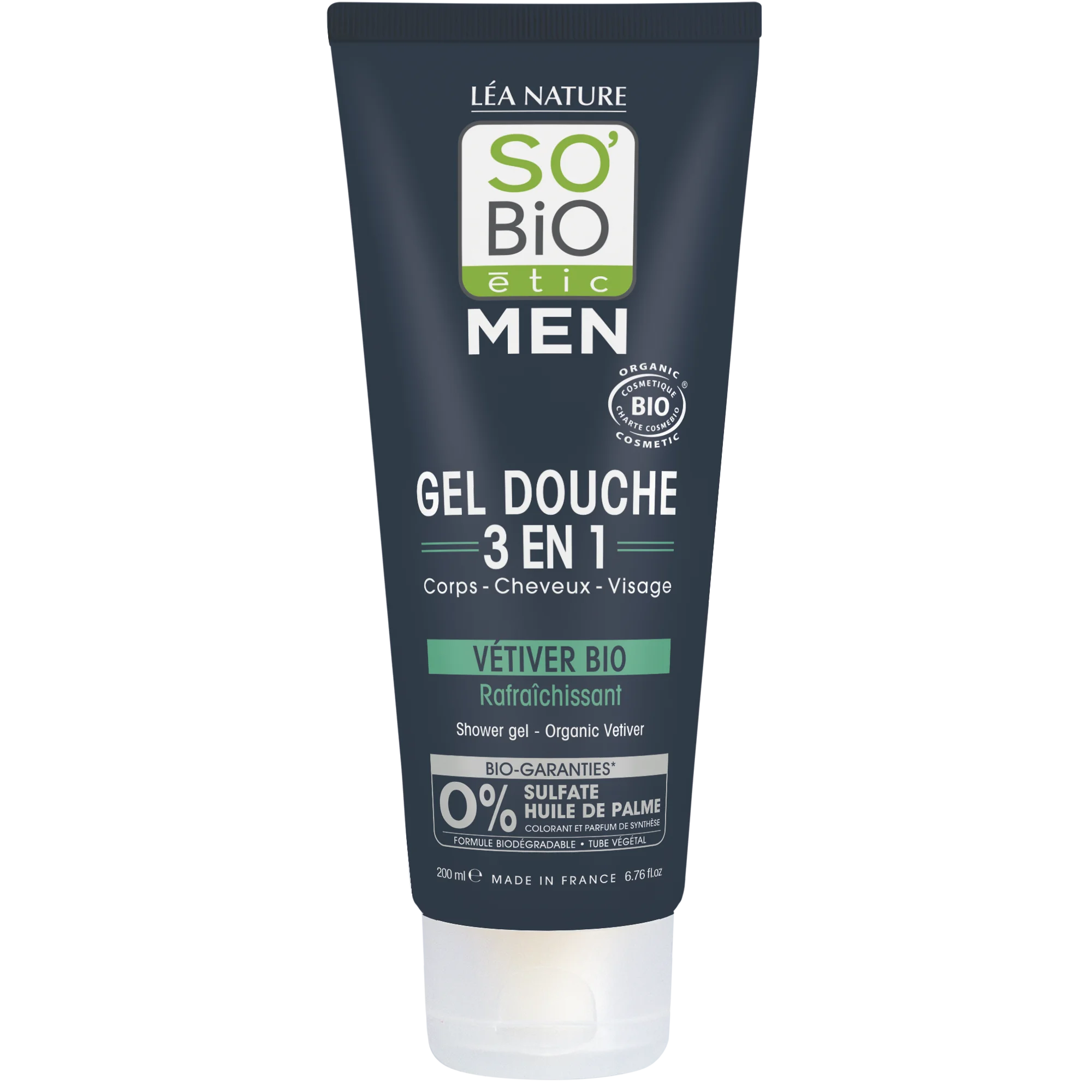 SO’BiO étic Gel de banho MEN 3 em 1 - vetiver BIO refrescante (200 ml) - para corpo, rosto e cabelo