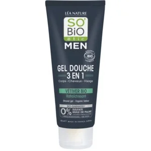 SO’BiO étic Gel de banho MEN 3 em 1 - vetiver BIO refrescante (200 ml) - para corpo, rosto e cabelo