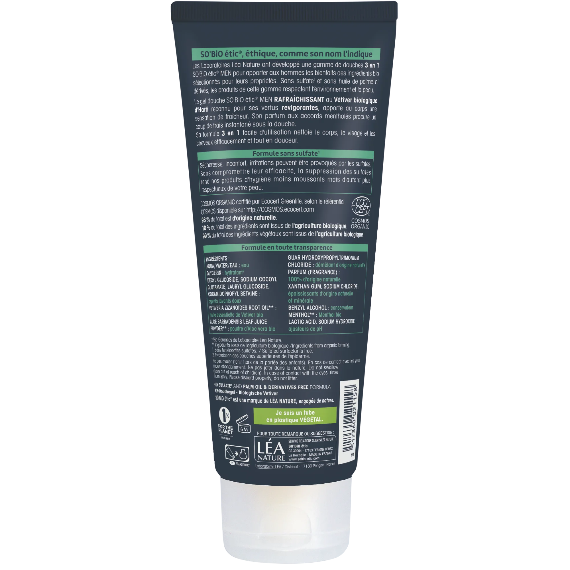 SO’BiO étic Gel de banho MEN 3 em 1 - vetiver BIO refrescante (200 ml) - para corpo, rosto e cabelo