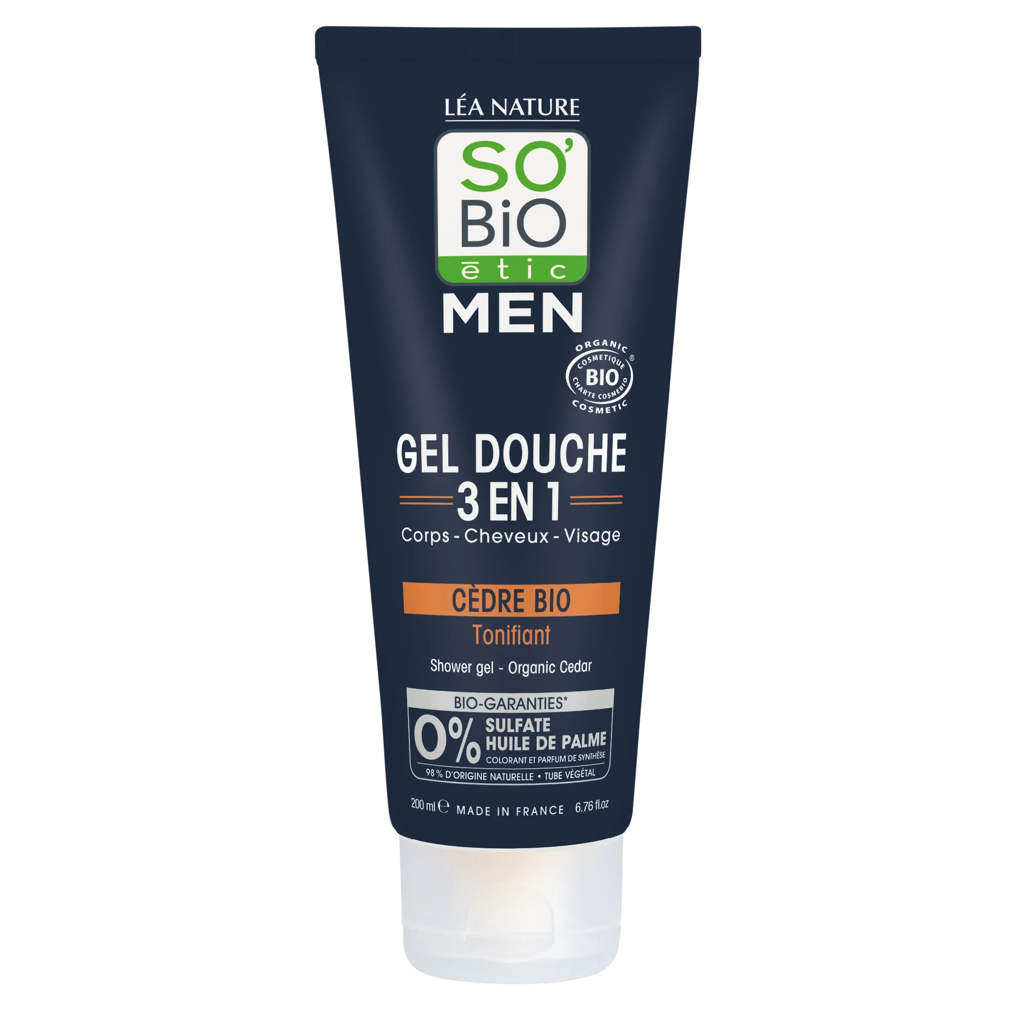 SO’BiO étic Gel de banho MEN 3 em 1 - cedro BIO tonificante (200 ml) - para corpo, rosto e cabelo