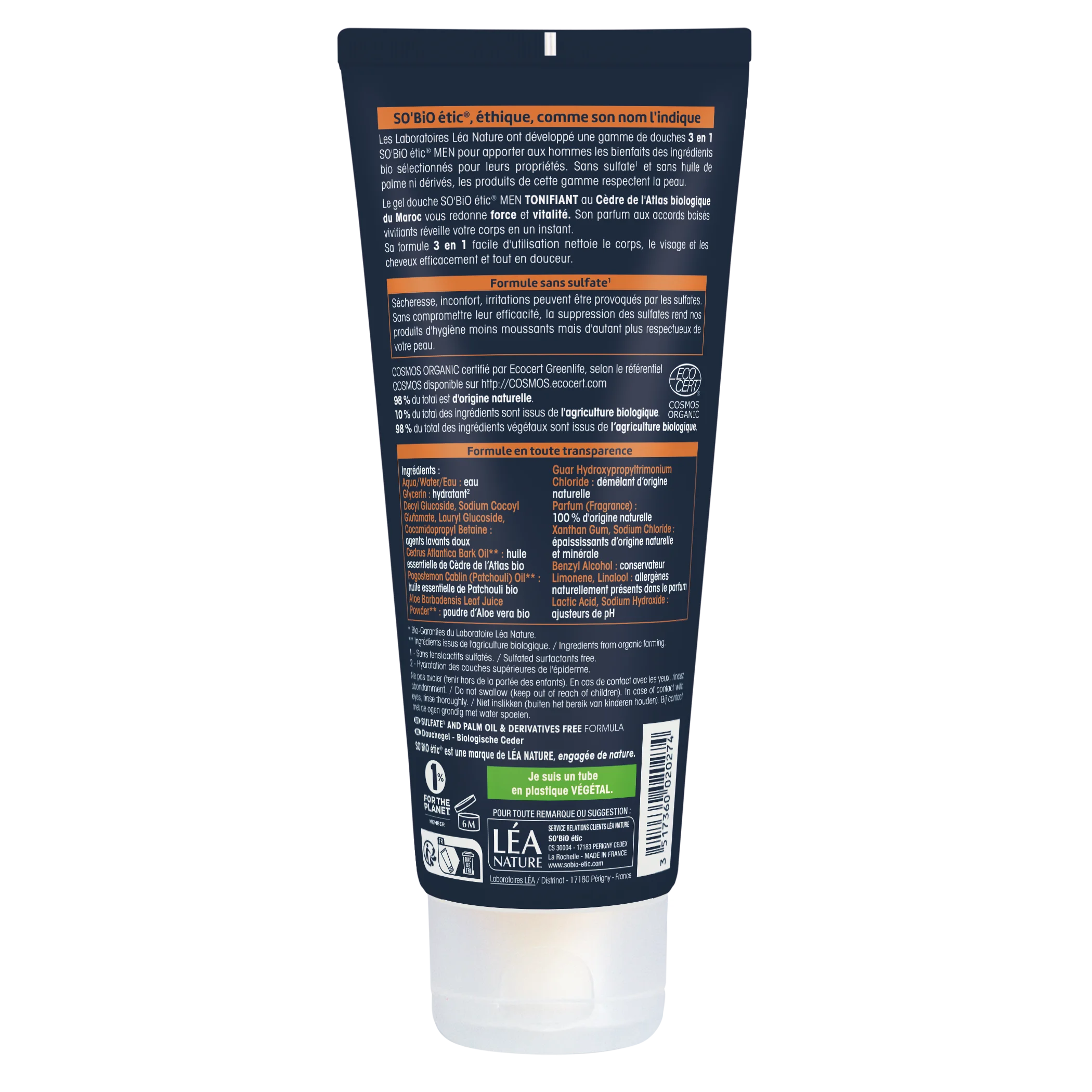 SO’BiO étic Gel de banho MEN 3 em 1 - cedro BIO tonificante (200 ml) - para corpo, rosto e cabelo