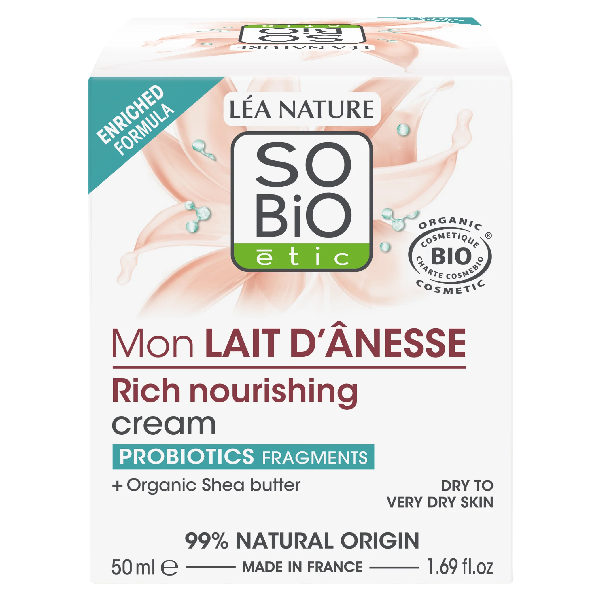 SO’BiO étic Creme ricamente nutritivo com leite de burra BIO (50 ml) - para pele muito seca