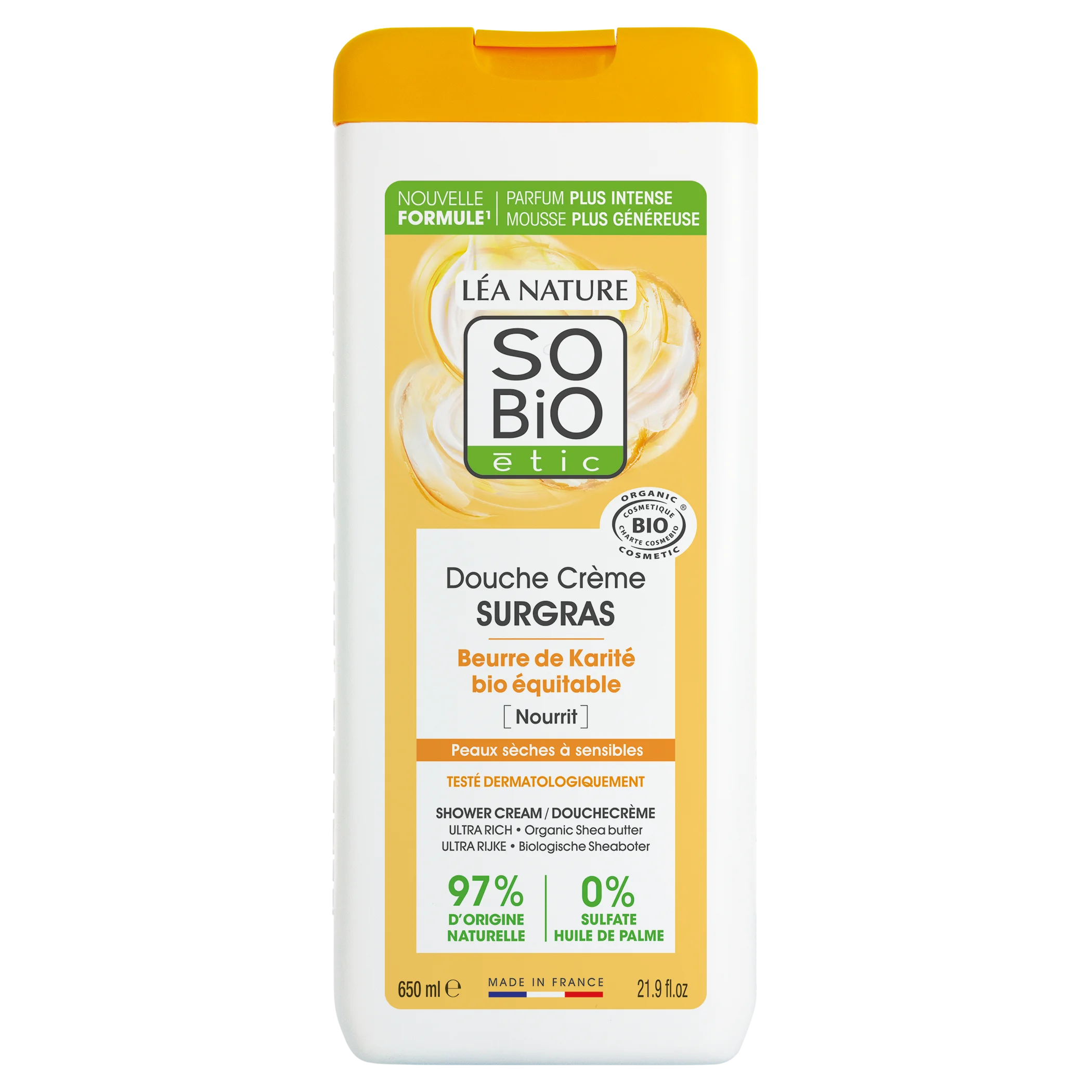 SO’BiO étic Creme de duche SURGRAS com manteiga de karité BIO (650 ml) - ideal para pele seca e sensível