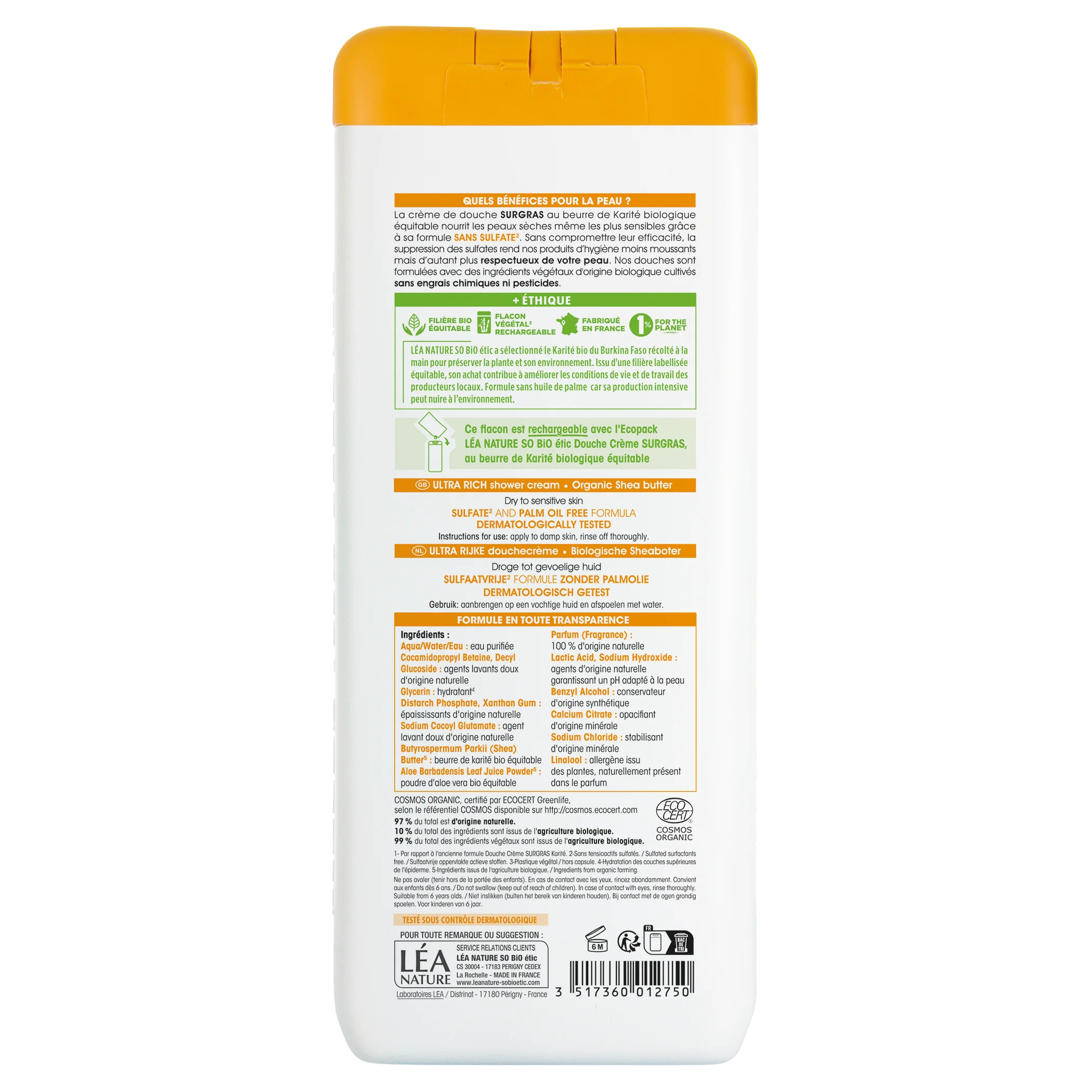 SO’BiO étic Creme de duche SURGRAS com manteiga de karité BIO (650 ml) - ideal para pele seca e sensível