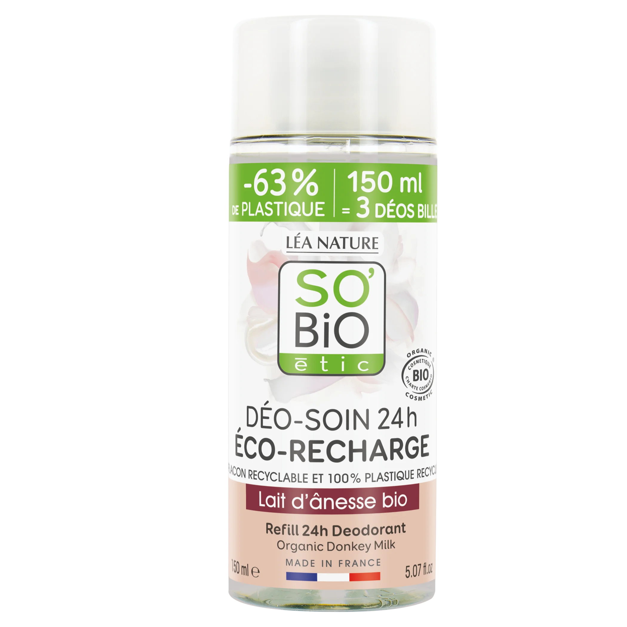 SO’BiO étic Recarga para desodorizante roll-on 24h hidratante com leite de burra BIO (150 ml) - uma recarga substitui três roll-ons