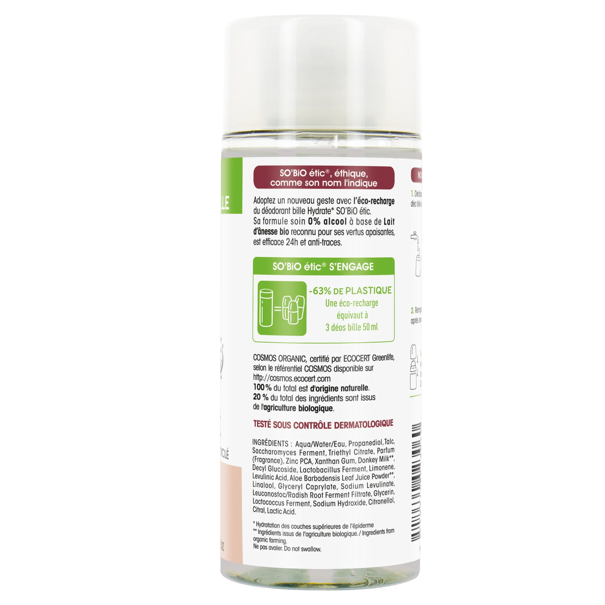 SO’BiO étic Recarga para desodorizante roll-on 24h hidratante com leite de burra BIO (150 ml) - uma recarga substitui três roll-ons