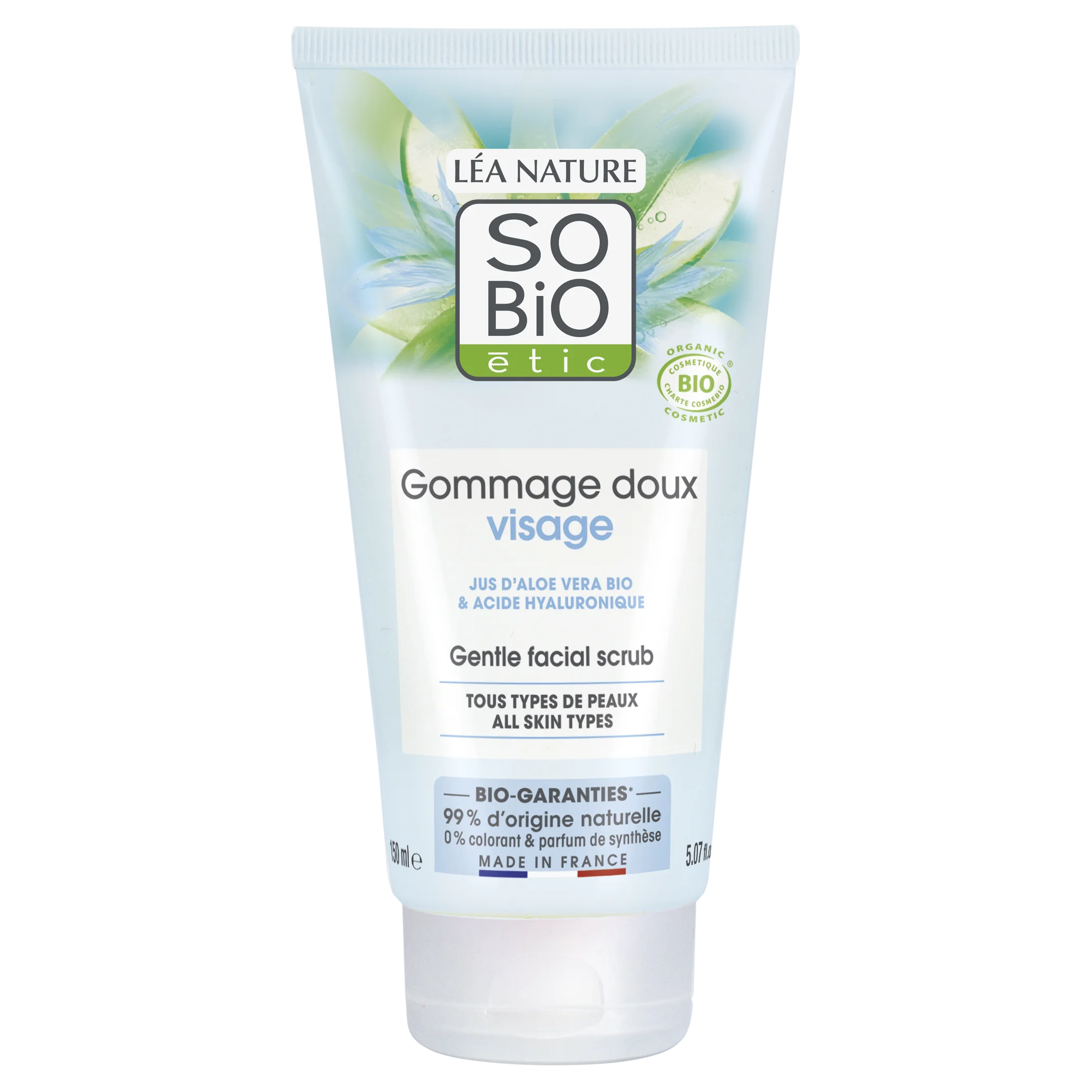 SO’BiO étic Esfoliante suave para uso frequente Aloe vera BIO hidratante (150 ml) - com ácido hialurónico