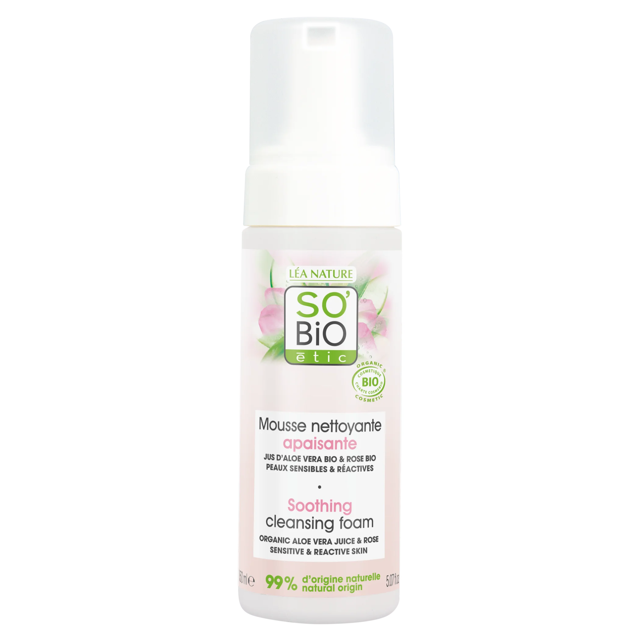 SO’BiO étic Espuma de limpeza calmante Aloe Vera BIO (150 ml) - enriquecida com água de rosas