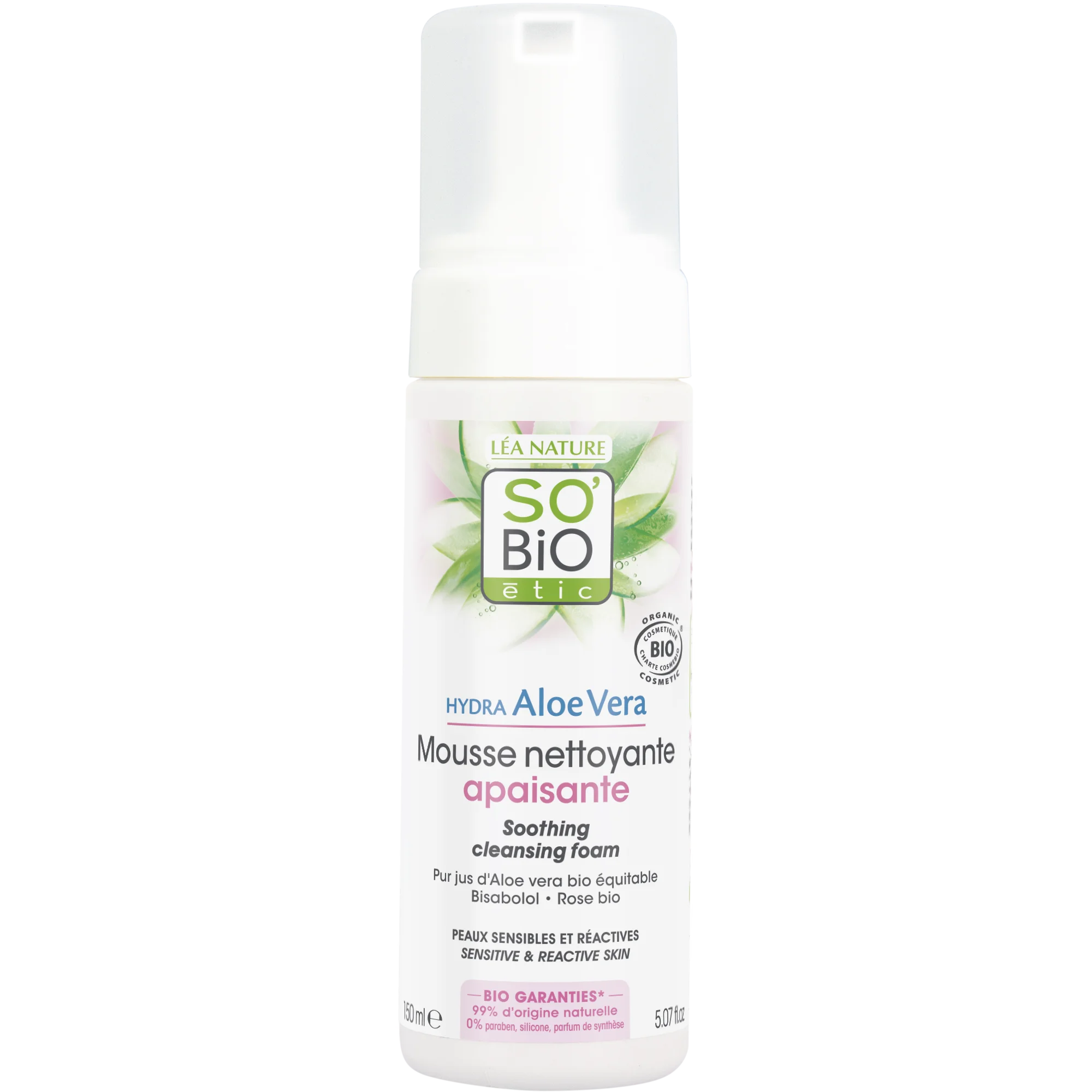 SO’BiO étic Espuma de limpeza calmante Aloe Vera BIO (150 ml) - enriquecida com água de rosas