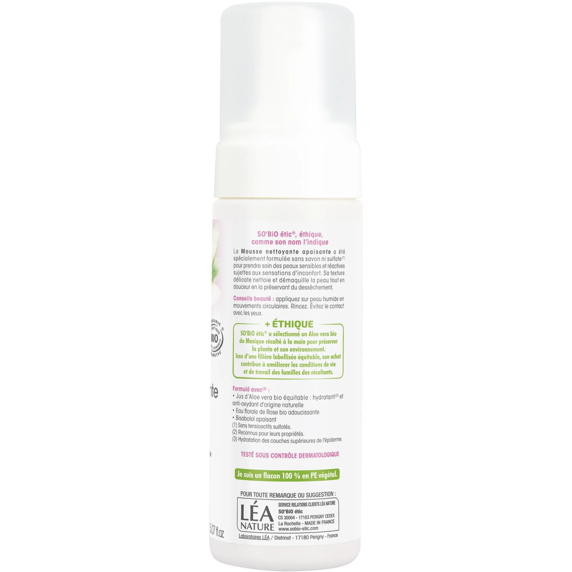 SO’BiO étic Espuma de limpeza calmante Aloe Vera BIO (150 ml) - enriquecida com água de rosas